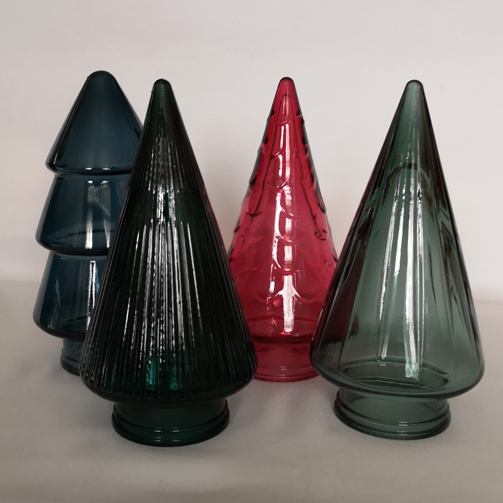 Collection of Four Glass Trees for Display, Red, Blue, Green and Smokey Gray 6"